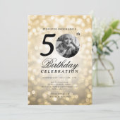 Elegant Photo 50th Birthday Party Gold Bokeh Kaart (Staand voorkant)