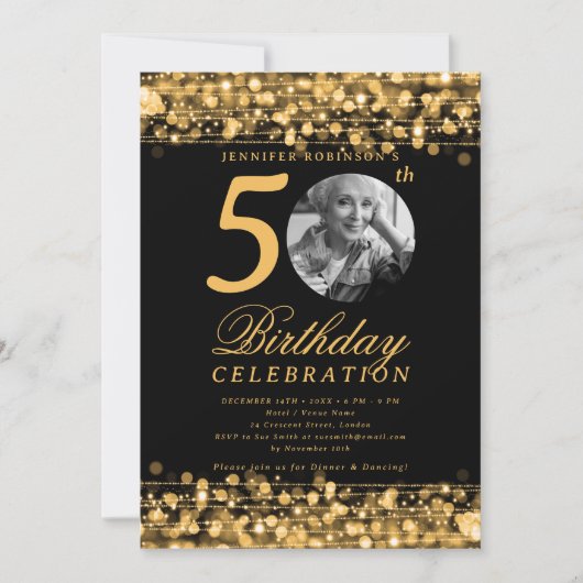 Elegant Photo 50th Birthday Party Gold Lights Kaart (Voorkant)
