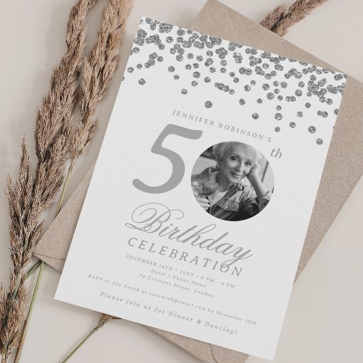 Elegant Photo 50th Birthday Silver Confetti Kaart