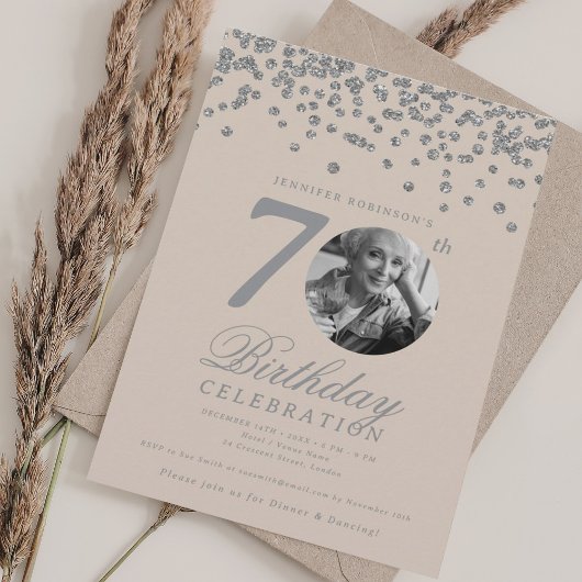 Elegant Photo 70th Birthday Silver Champagne Kaart