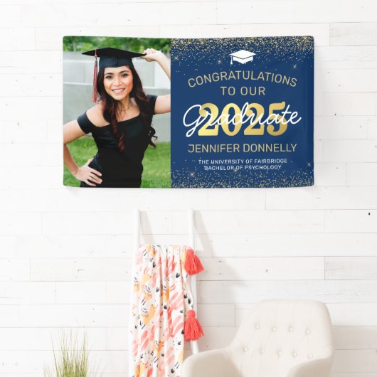 Elegant Photo Afstuderen Blue & Gold Spandoek (Insitu)