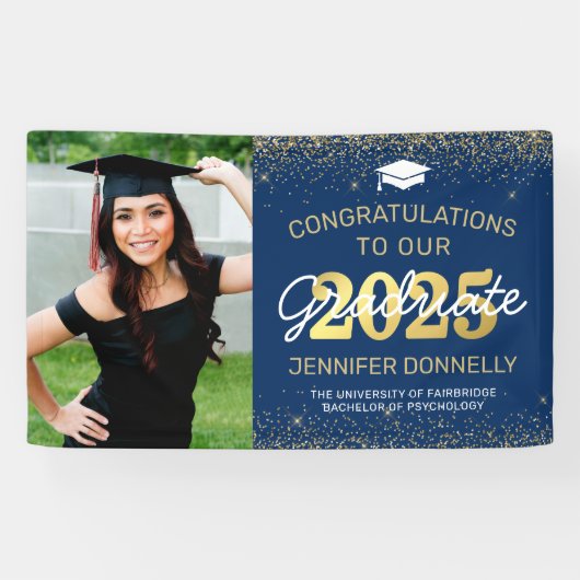 Elegant Photo Afstuderen Blue & Gold Spandoek (Horizontaal)