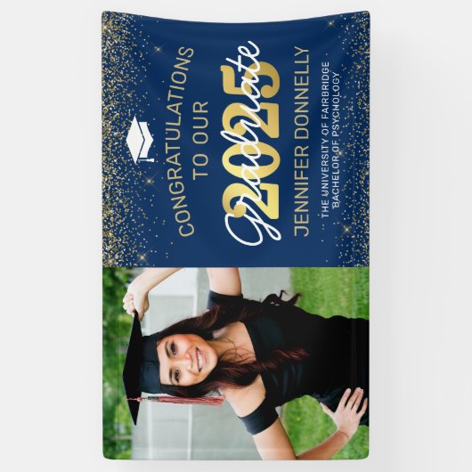 Elegant Photo Afstuderen Blue & Gold Spandoek (Verticaal)