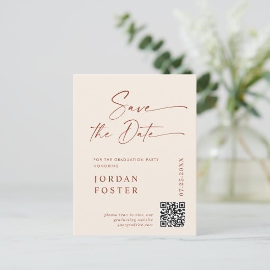 Elegant Photo Afstuderen Sla de datum QR-code op Briefkaart (Staand voorkant)