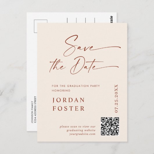 Elegant Photo Afstuderen Sla de datum QR-code op Briefkaart (Voorkant / Achterkant)