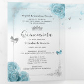 Elegant Photo Aqua Turquoise Blauwgroen Silver Qui Drieluik Uitnodiging (Binnenzijde eerst)