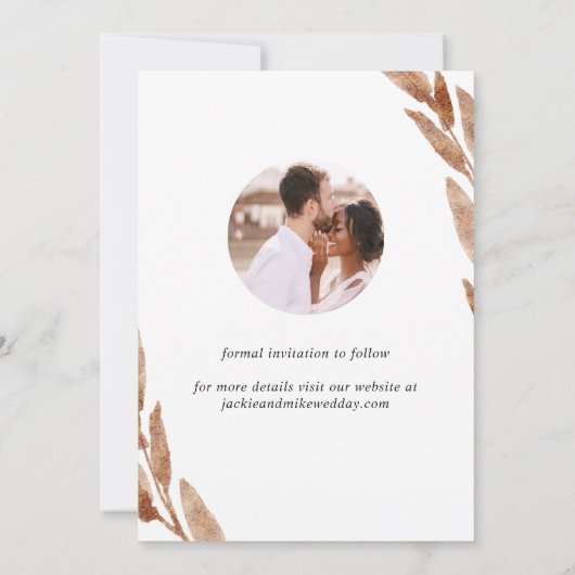 Elegant Photo Arch en Copper Brown Leaves Wedding Save The Date (Achterkant)