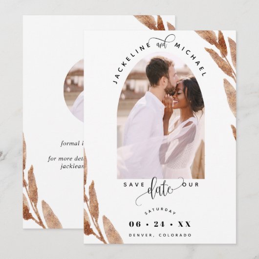 Elegant Photo Arch en Copper Brown Leaves Wedding Save The Date (Voorkant / Achterkant)