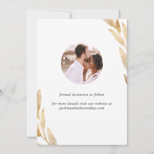 Elegant Photo Arch en Golden Leaves Wedding Save The Date (Achterkant)