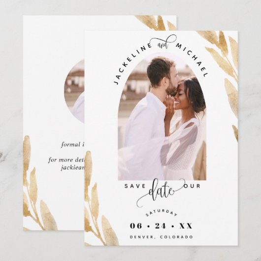 Elegant Photo Arch en Golden Leaves Wedding Save The Date (Voorkant / Achterkant)