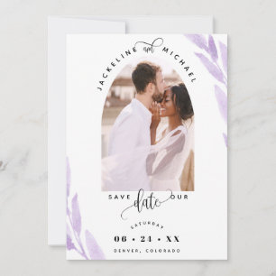 Elegant Photo Arch en Paarse Leaves Wedding Save The Date