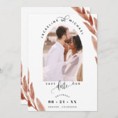 Elegant Photo Arch en Terracotta Leaves Wedding Save The Date (Voorkant / Achterkant)
