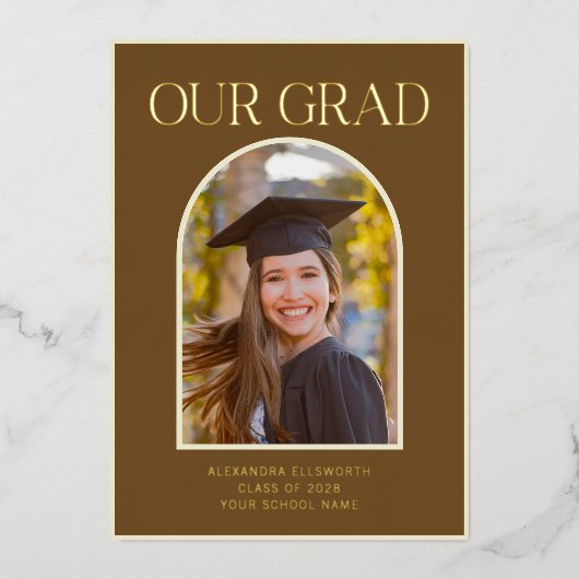 Elegant Photo Arch Graduation Brown Gold Foil Card Folie Uitnodiging (Voorkant)