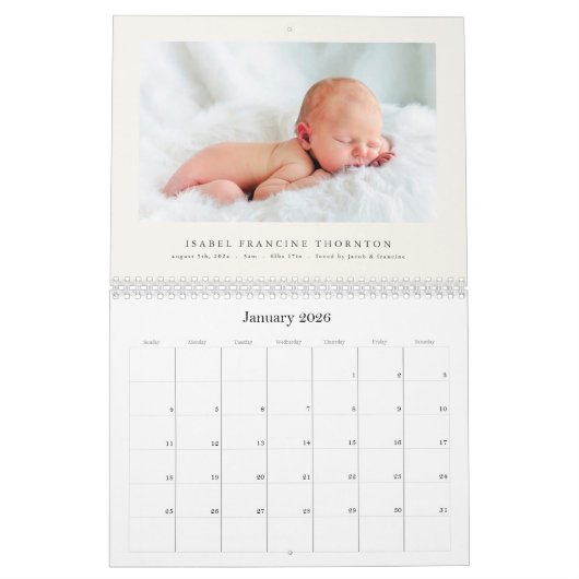 Elegant Photo Baby Birth Announcement 2026 Kalender (Jan 2026)