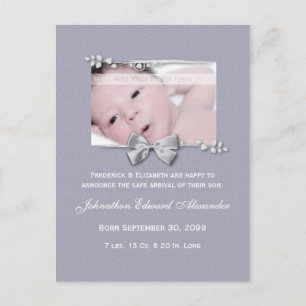Elegant Photo Birth Announcement Silver Ribbon Aankondigingskaart