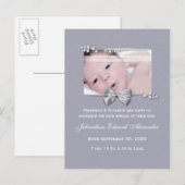 Elegant Photo Birth Announcement Silver Ribbon Aankondigingskaart (Voorkant / Achterkant)
