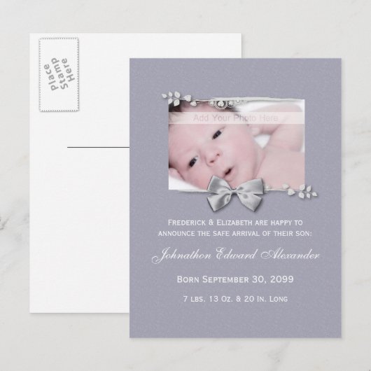 Elegant Photo Birth Announcement Silver Ribbon Aankondigingskaart (Voorkant / Achterkant)
