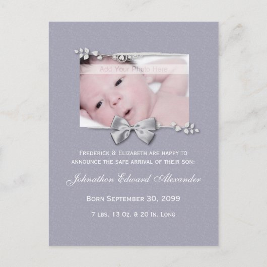 Elegant Photo Birth Announcement Silver Ribbon Aankondigingskaart (Voorkant)