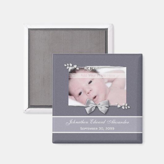 Elegant Photo Birth Announcement Silver Ribbon Magneet (Voorkant / Achterkant)