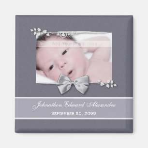 Elegant Photo Birth Announcement Silver Ribbon Magneet