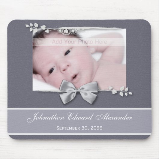 Elegant Photo Birth Announcement Silver Ribbon Muismat (Voorkant)