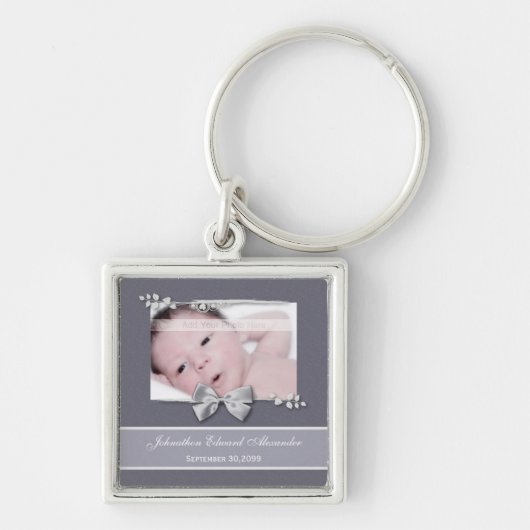 Elegant Photo Birth Announcement Silver Ribbon Sleutelhanger (Voorkant)