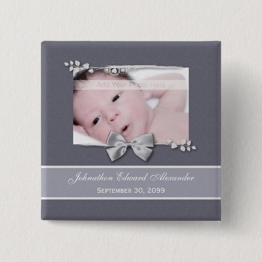 Elegant Photo Birth Announcement Silver Ribbon Vierkante Button 5,1 Cm (Voorkant)