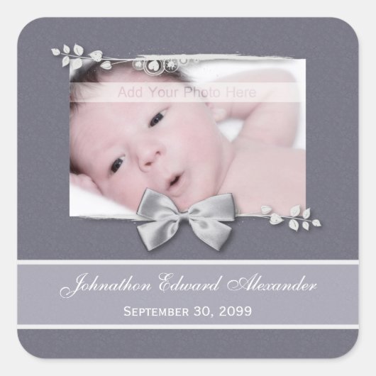 Elegant Photo Birth Announcement Silver Ribbon Vierkante Sticker (Voorkant)