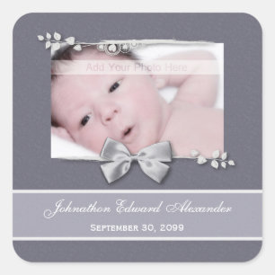 Elegant Photo Birth Announcement Silver Ribbon Vierkante Sticker