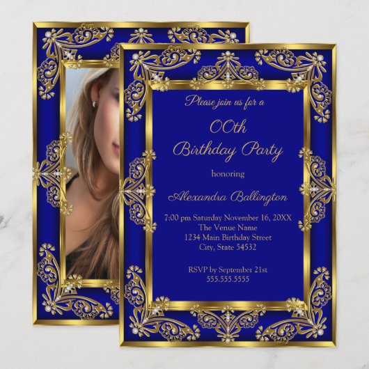 Elegant Photo Birthday Royal Blue Gold Jewel Kaart (Voorkant / Achterkant)