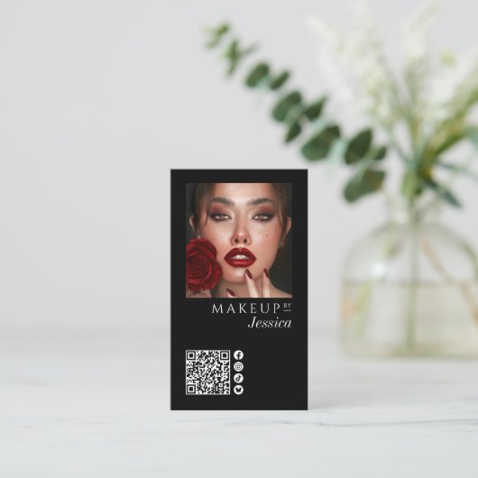 Elegant Photo Black QR Code Social Icons Makeup Bu Visitekaartje (Staand voorkant)