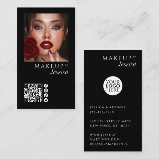 Elegant Photo Black QR Code Social Icons Makeup Bu Visitekaartje (Voorkant / Achterkant)