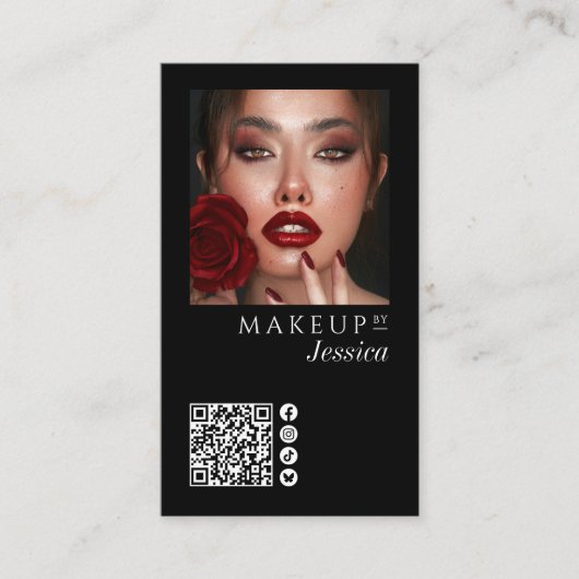 Elegant Photo Black QR Code Social Icons Makeup Visitekaartje (Voorkant)