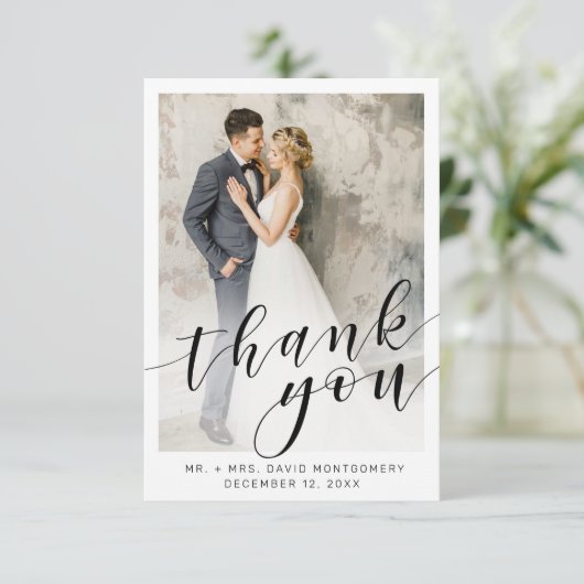 Elegant Photo Black Script White Wedding Hartelijk Bedankkaart (Staand voorkant)
