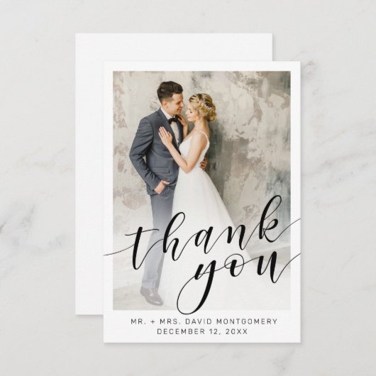 Elegant Photo Black Script White Wedding Hartelijk Bedankkaart (Voorkant / Achterkant)