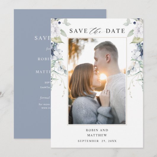 Elegant Photo, Blue and White Floral Wedding Save The Date (Voorkant / Achterkant)