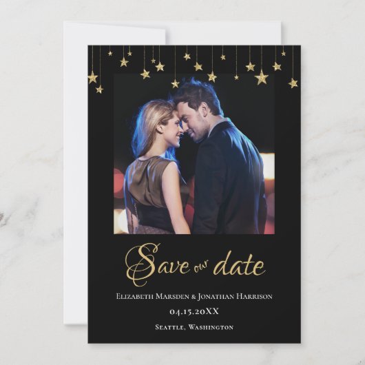 Elegant Photo Chic Black Gold Stars Formele Save The Date (Voorkant)