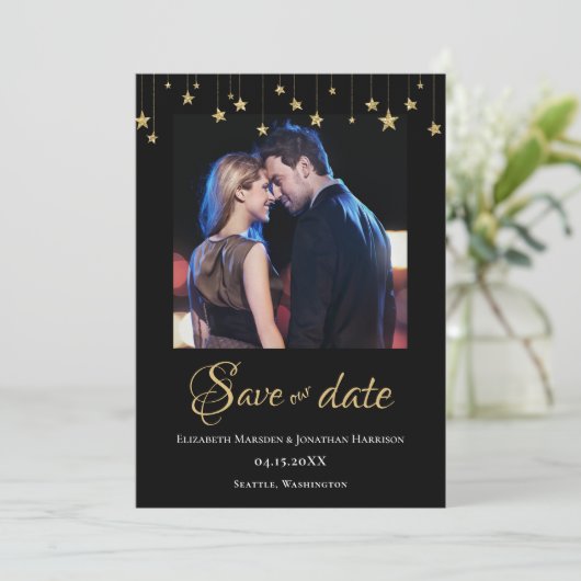 Elegant Photo Chic Black Gold Stars Formele Save The Date (Staand voorkant)