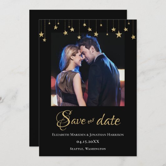 Elegant Photo Chic Black Gold Stars Formele Save The Date (Voorkant / Achterkant)