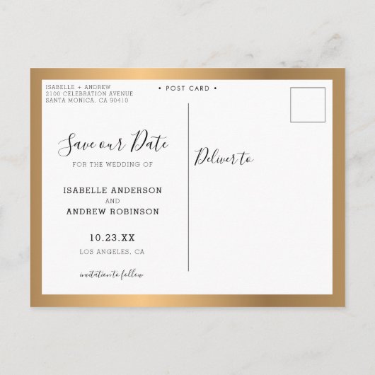 Elegant Photo Collage Black Gold Save the Date Aankondigingskaart (Achterkant)