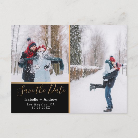 Elegant Photo Collage Black Gold Save the Date Aankondigingskaart (Voorkant)