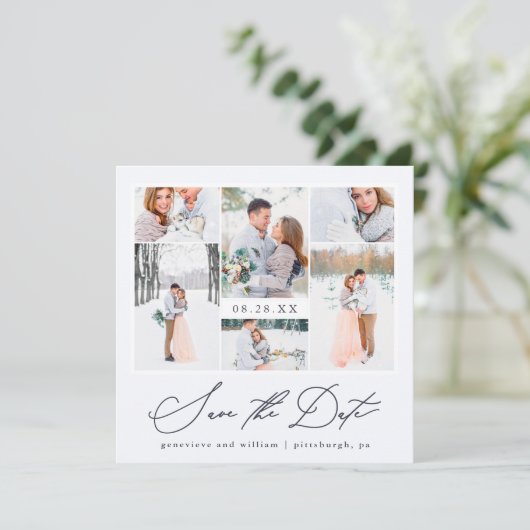Elegant Photo Collage Calligrafie Save the Date (Staand voorkant)