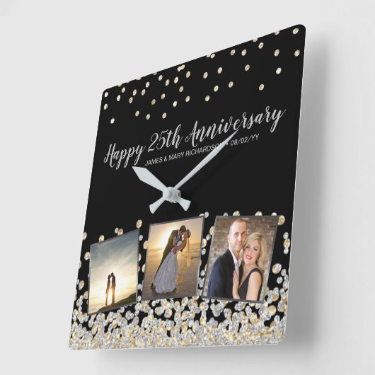Elegant Photo Collage Gold Silver 25e Jubileum Vierkante Klok (Hoek)