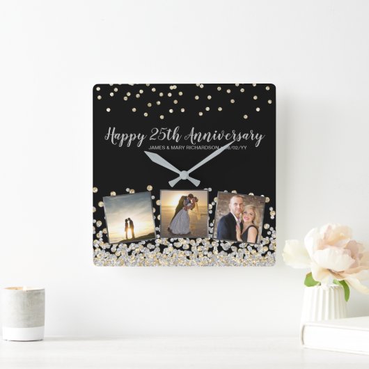 Elegant Photo Collage Gold Silver 25e Jubileum Vierkante Klok (Huis)