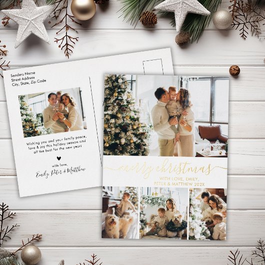 Elegant Photo Collage Holiday Gold Foil Briefkaart