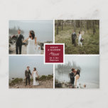 Elegant Photo Collage Merry & Married Briefkaart<br><div class="desc">De kerstkaart van het huwelijk met kamer voor vier van je trouwfoto's. Merry & Married geschreven tegen deep burgundy met een mooie illustratie van een bladpruik. Voeg je eigen foto's toe,  en op de achterkant een persoonlijke noot.</div>