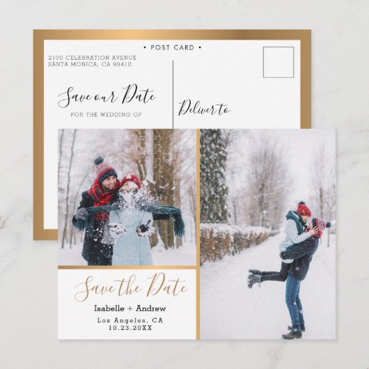 Elegant Photo Collage Metallic Gold Save the Date Aankondigingskaart (Voorkant / Achterkant)