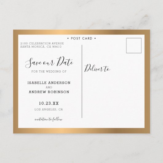 Elegant Photo Collage Metallic Gold Save the Date Aankondigingskaart (Achterkant)