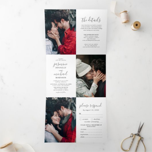 Elegant Photo Collage Wedding All-in-One Drieluik Uitnodiging (Binnen)