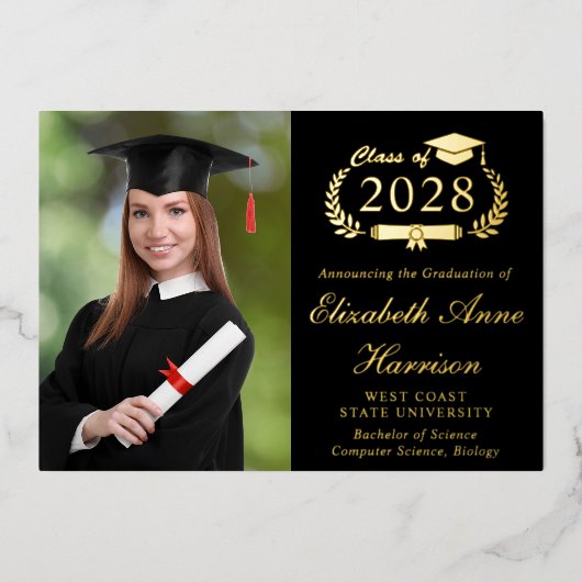 Elegant Photo College Black Graduparty Folie Uitnodiging (Voorkant)